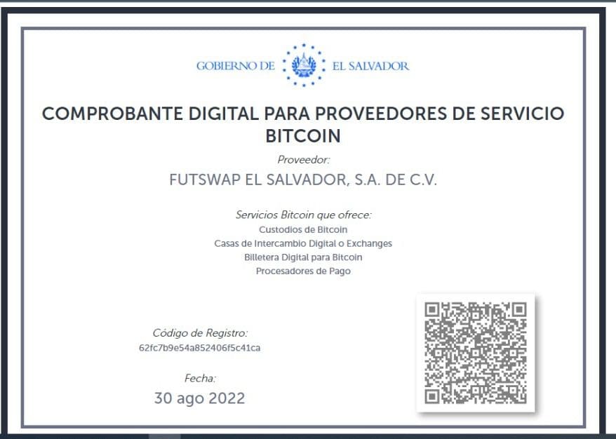 Gobierno de el salvador. Comprobante digital para proveedores de servicio bitcoin. Proveedor Futswap el salvador, s.a. de c.v.